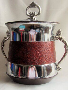 Mid Century Modern Faux Leather and Chrome Mermaid Handles Ice Bucket      Q749